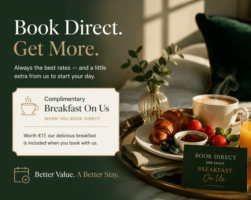 The Vero Boutique hotel breakfast in bed with coffee, croissant and fruit, promoting direct booking benefits at a Killarney hotel
